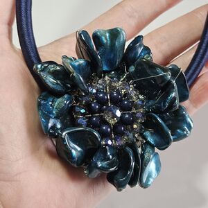 Vintage Julea Flower Statement Necklace, 20 To 23” Silver Blue Floral Designer